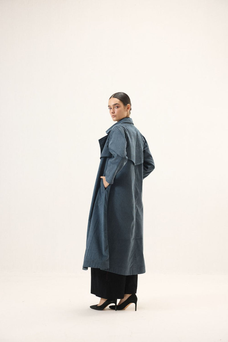 Deep Tide Trench Coat corduroy by Khara Kapas in blue for women Worldwide