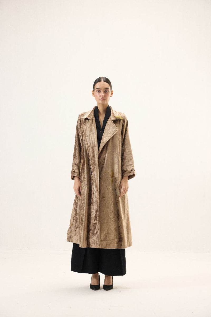 Glint Trench Coat by Khara Kapas in gold for women Worldwide