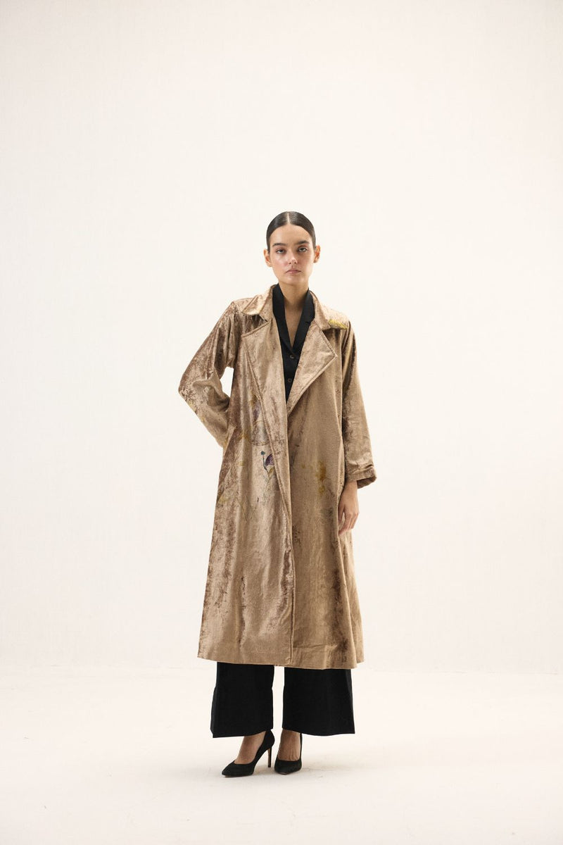 Glint Trench Coat by Khara Kapas in gold for women Worldwide