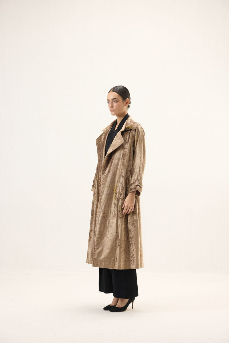 Glint Trench Coat by Khara Kapas in gold for women Worldwide