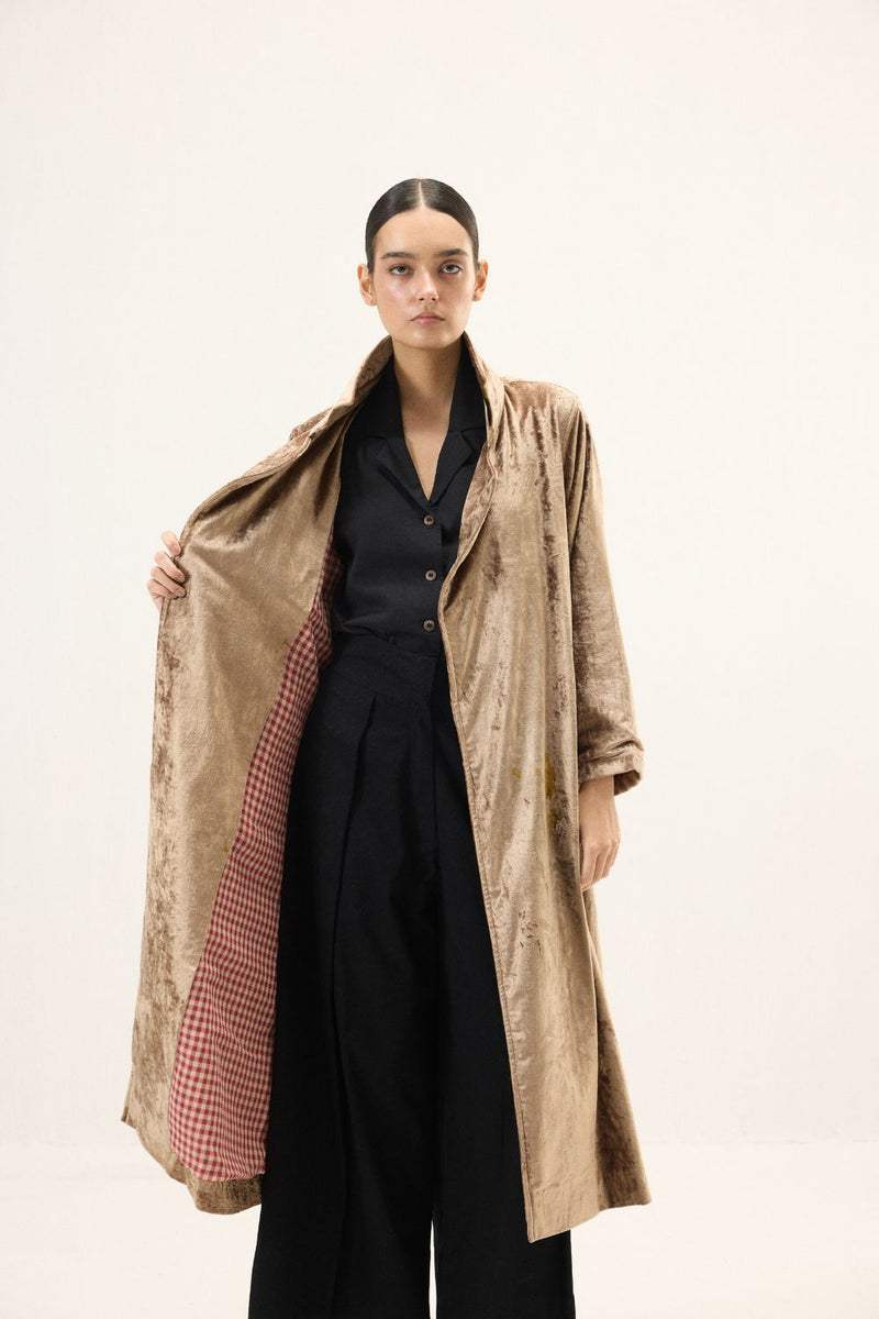 Glint Trench Coat by Khara Kapas in gold for women Worldwide