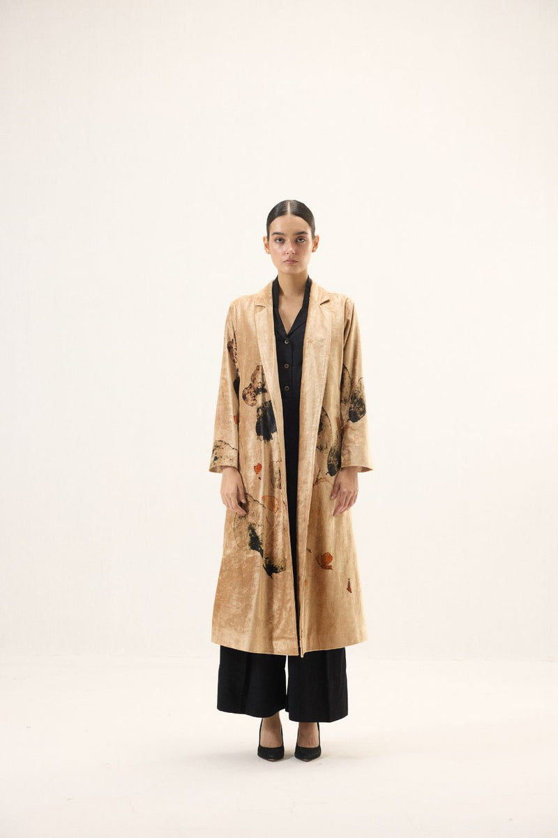 Soft Gold Trench Coat by Khara Kapas in gold for women Worldwide