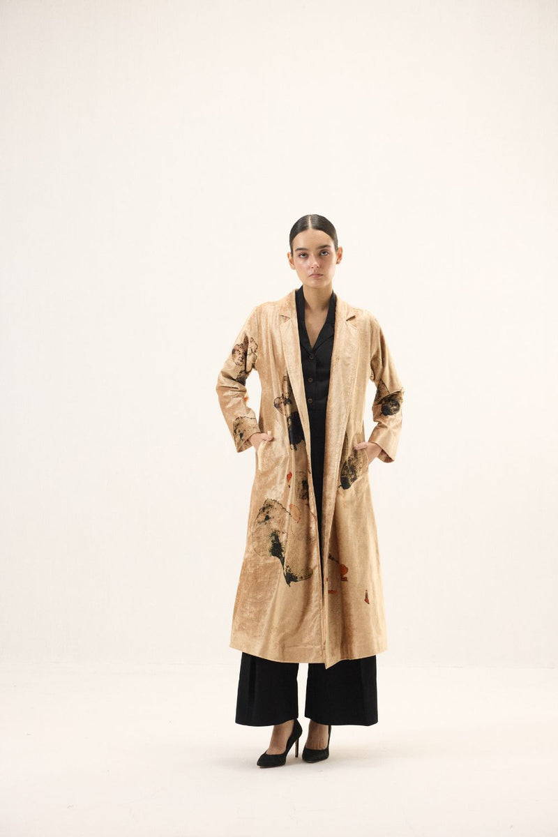 Soft Gold Trench Coat by Khara Kapas in gold for women Worldwide