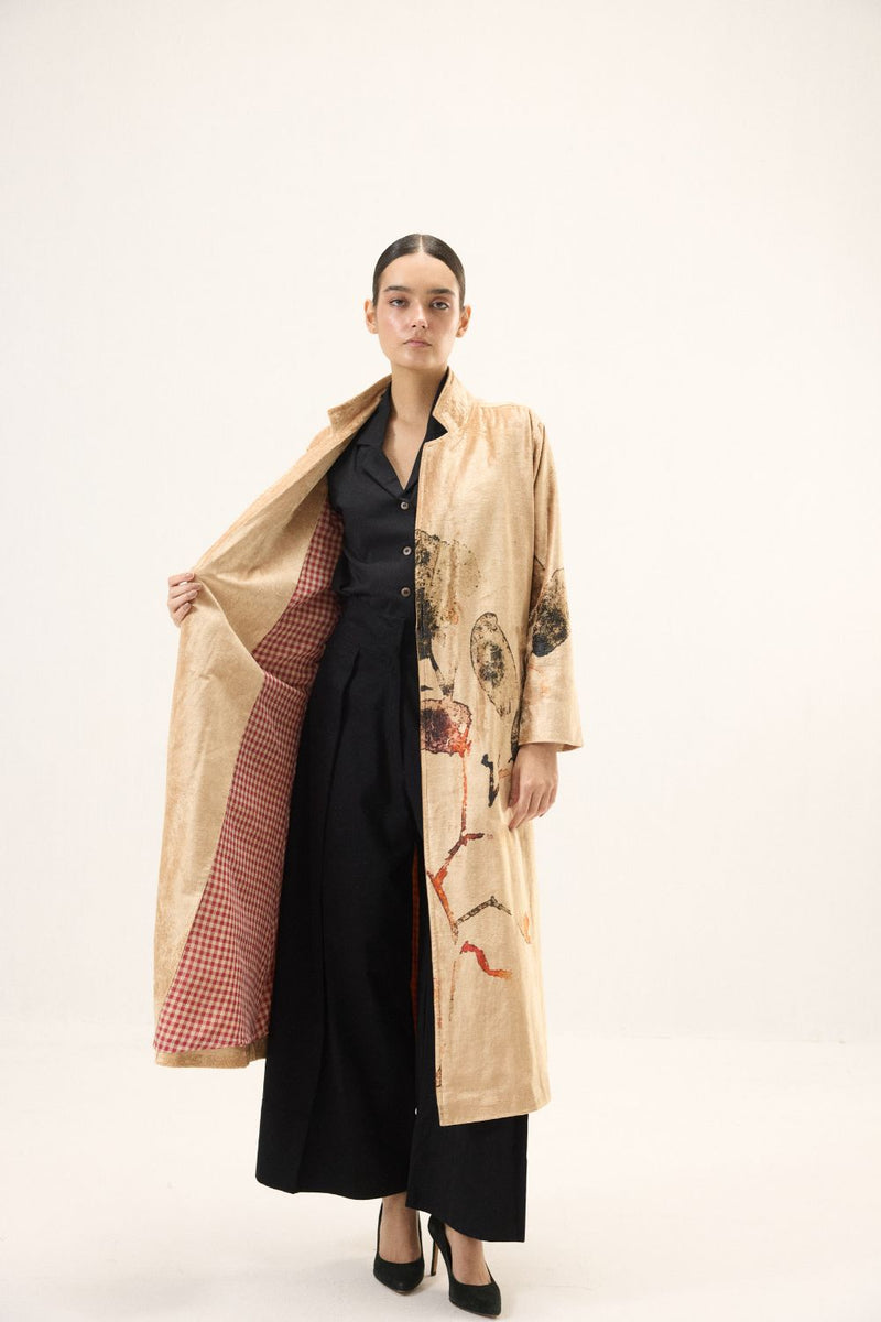 Soft Gold Trench Coat by Khara Kapas in gold for women Worldwide