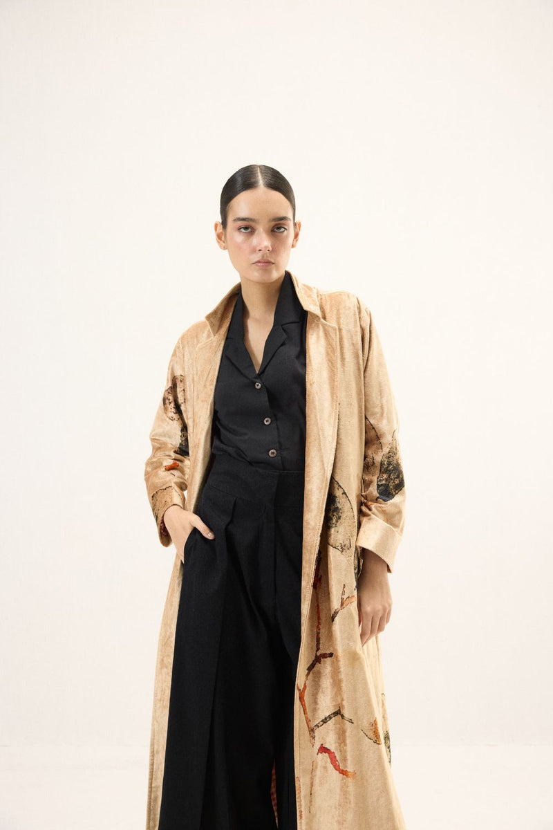 Soft Gold Trench Coat by Khara Kapas in gold for women Worldwide