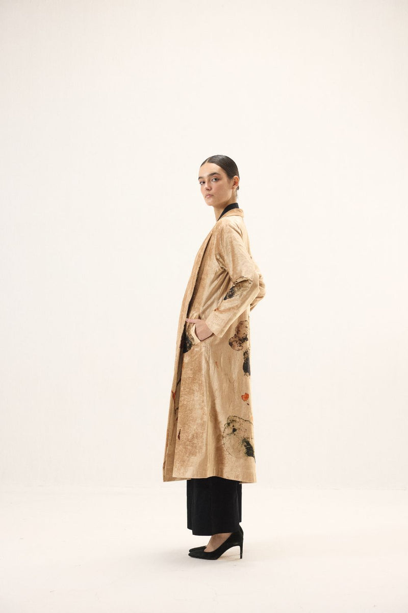 Soft Gold Trench Coat by Khara Kapas in gold for women Worldwide