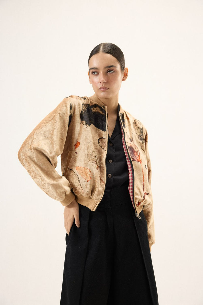 Sandswept Bomber Jacket by Khara Kapas in gold for women Worldwide