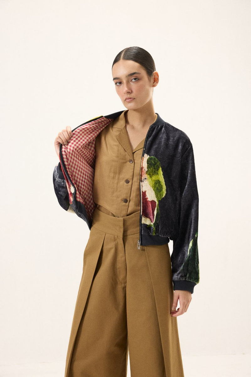 Graphite Bomber Jacket by Khara Kapas in black for women Worldwide