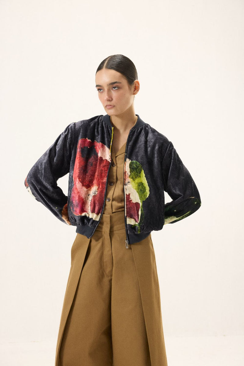 Graphite Bomber Jacket by Khara Kapas in black for women Worldwide
