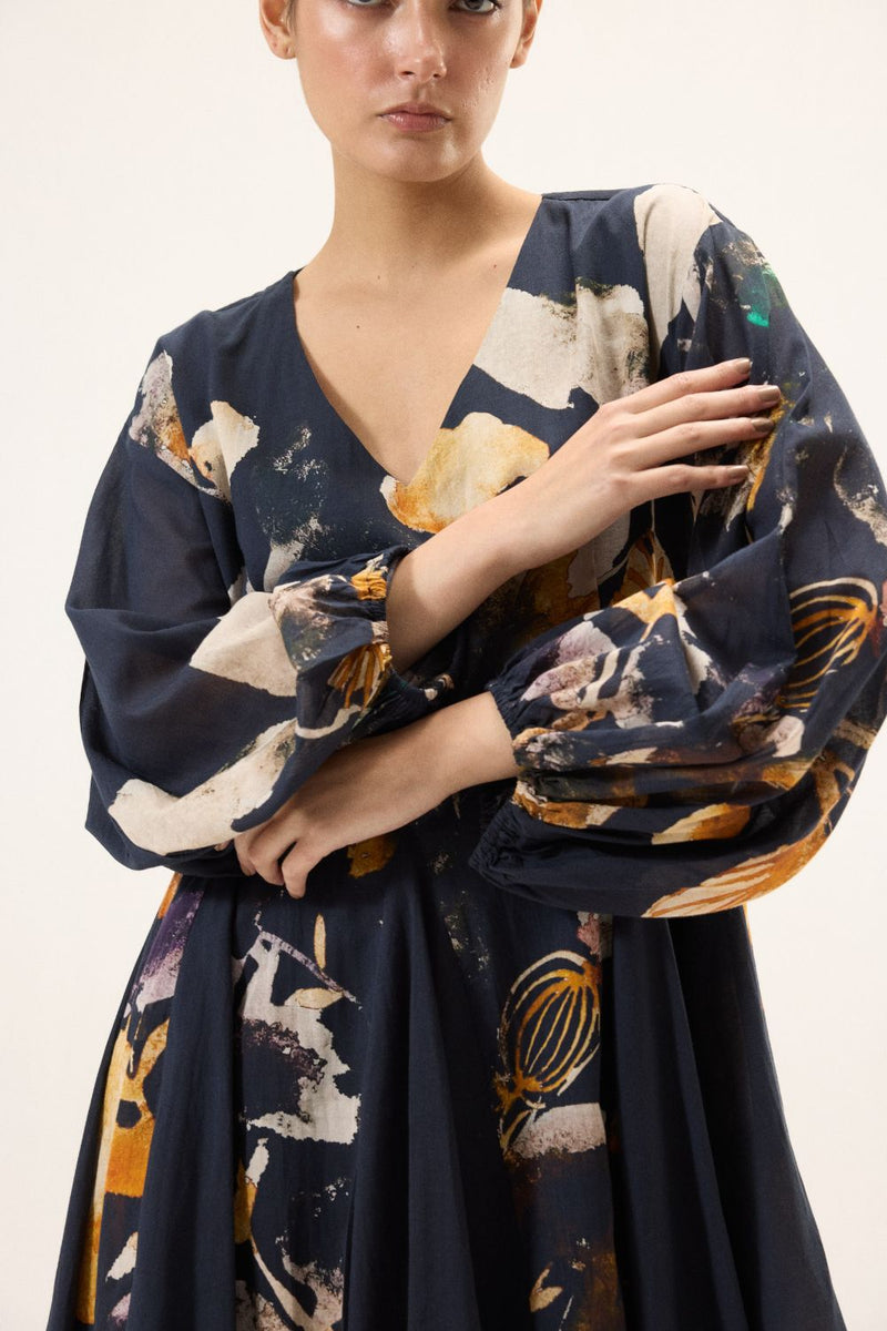 Ink Shade Dress mulmul by Khara Kapas in navy for women Worldwide