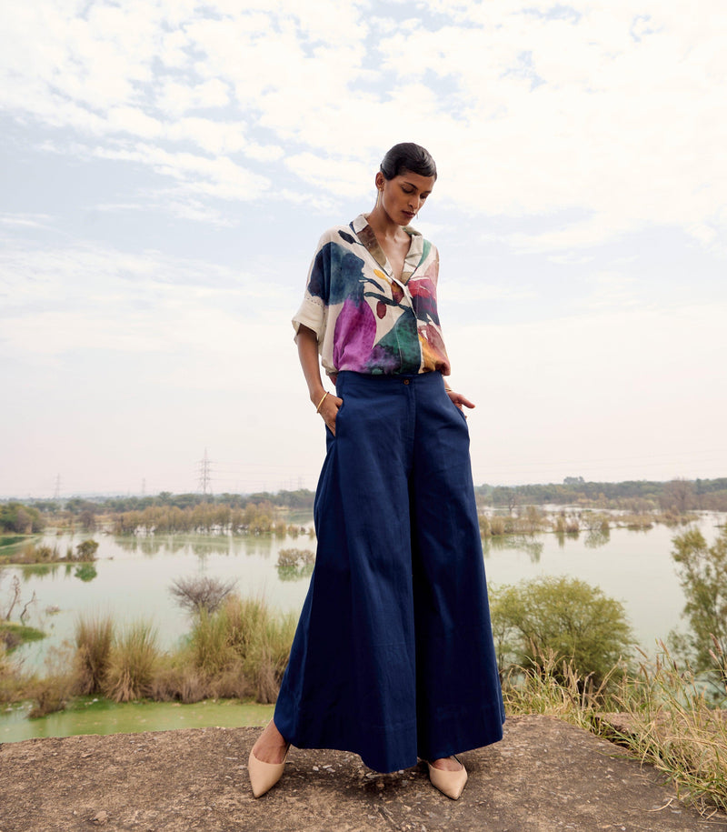 Bay Trouser cotton pant/trouser by Khara Kapas in blue for women Worldwide