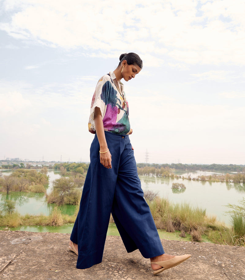 Bay Trouser cotton pant/trouser by Khara Kapas in blue for women Worldwide