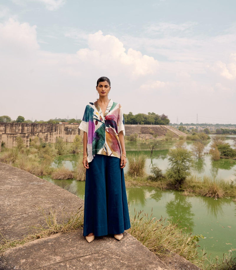 Bay Trouser cotton pant/trouser by Khara Kapas in blue for women Worldwide
