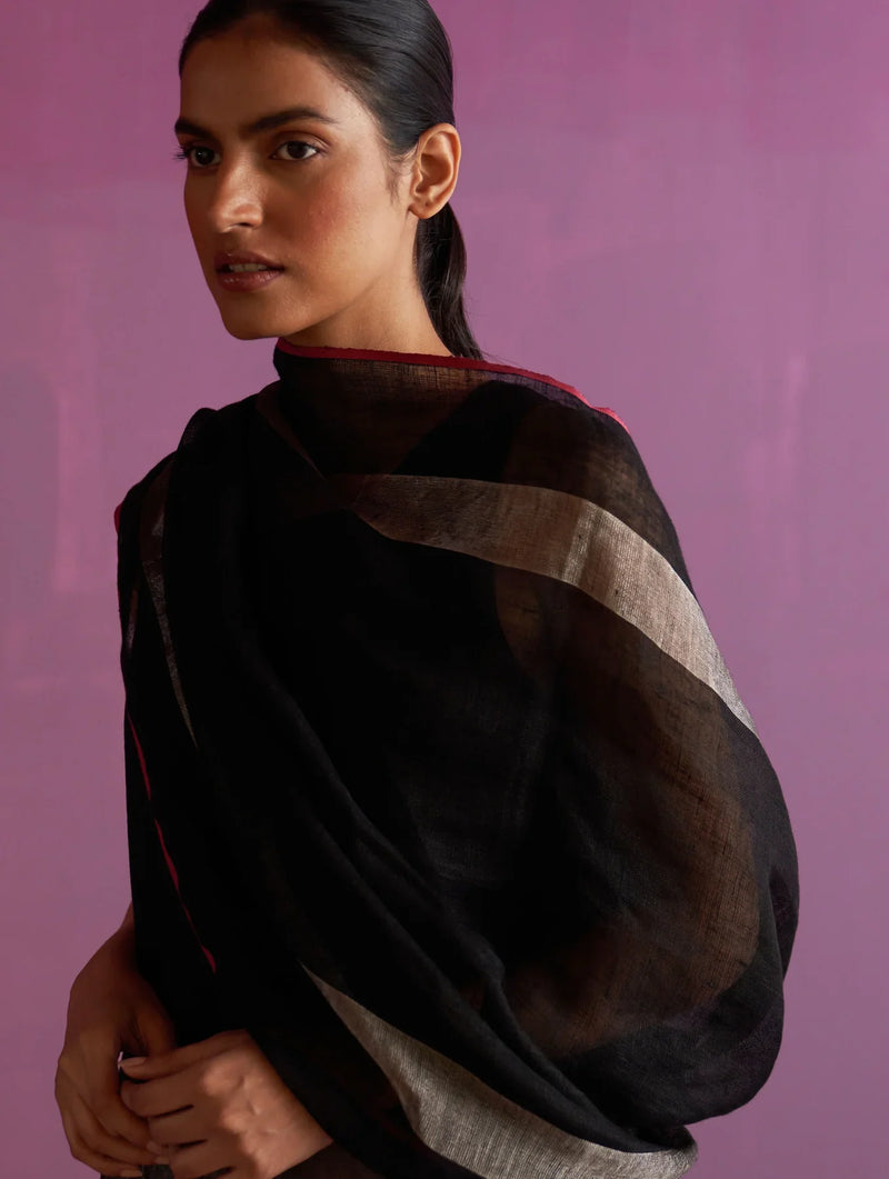 Irum Hand-Embroidered Kurta Set - Black linen by Manan in black color for women Worldwide