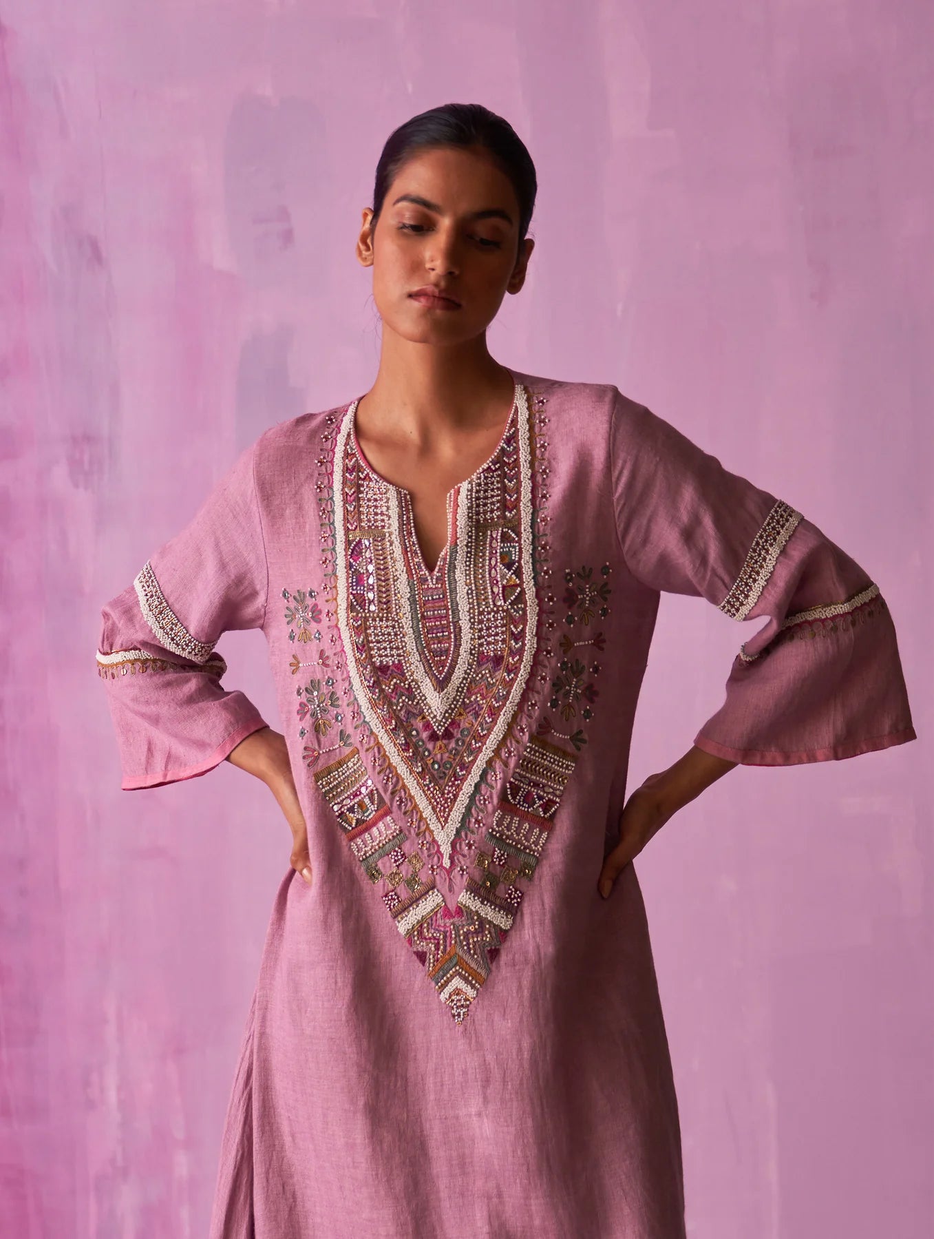 Afra Hand-Embroidered Kurta Set - Lavender