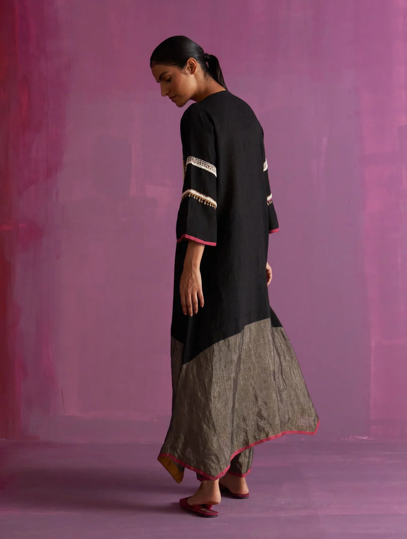 Afra Hand-Embroidered Kurta - Black linen by Manan in black color for women Worldwide