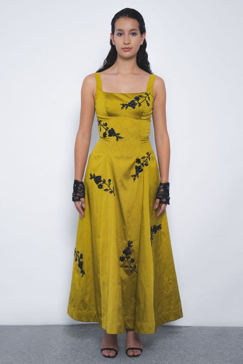 Kaika Embroidered Strap Dress - Mustard and Black mul by Leh Studios in multi color for women Worldwide