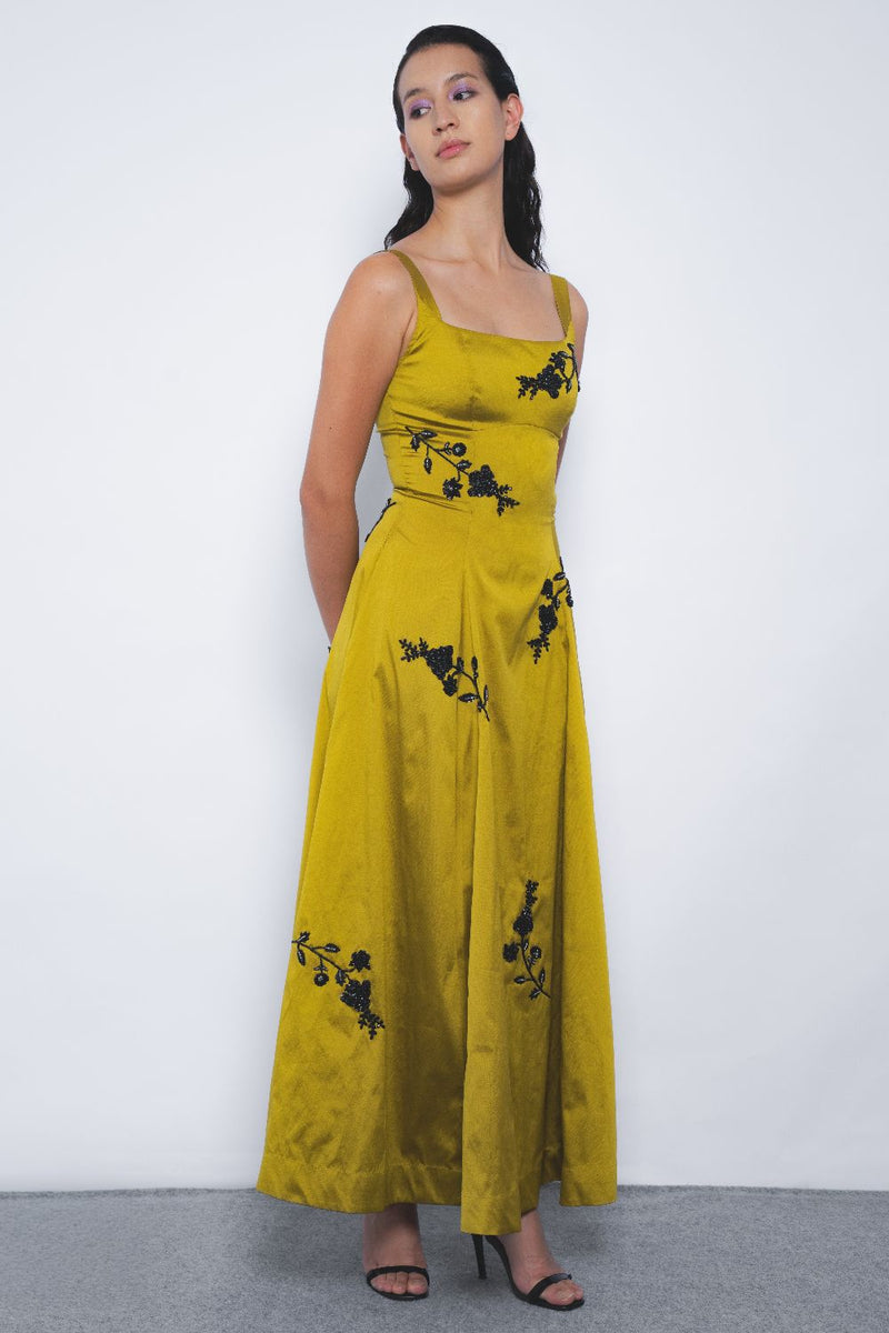 Kaika Embroidered Strap Dress - Mustard and Black mul by Leh Studios in multi color for women Worldwide