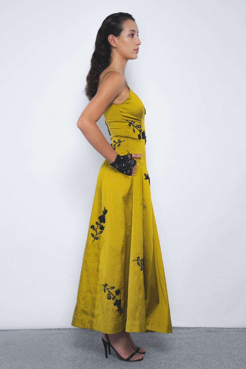 Kaika Embroidered Strap Dress - Mustard and Black mul by Leh Studios in multi color for women Worldwide