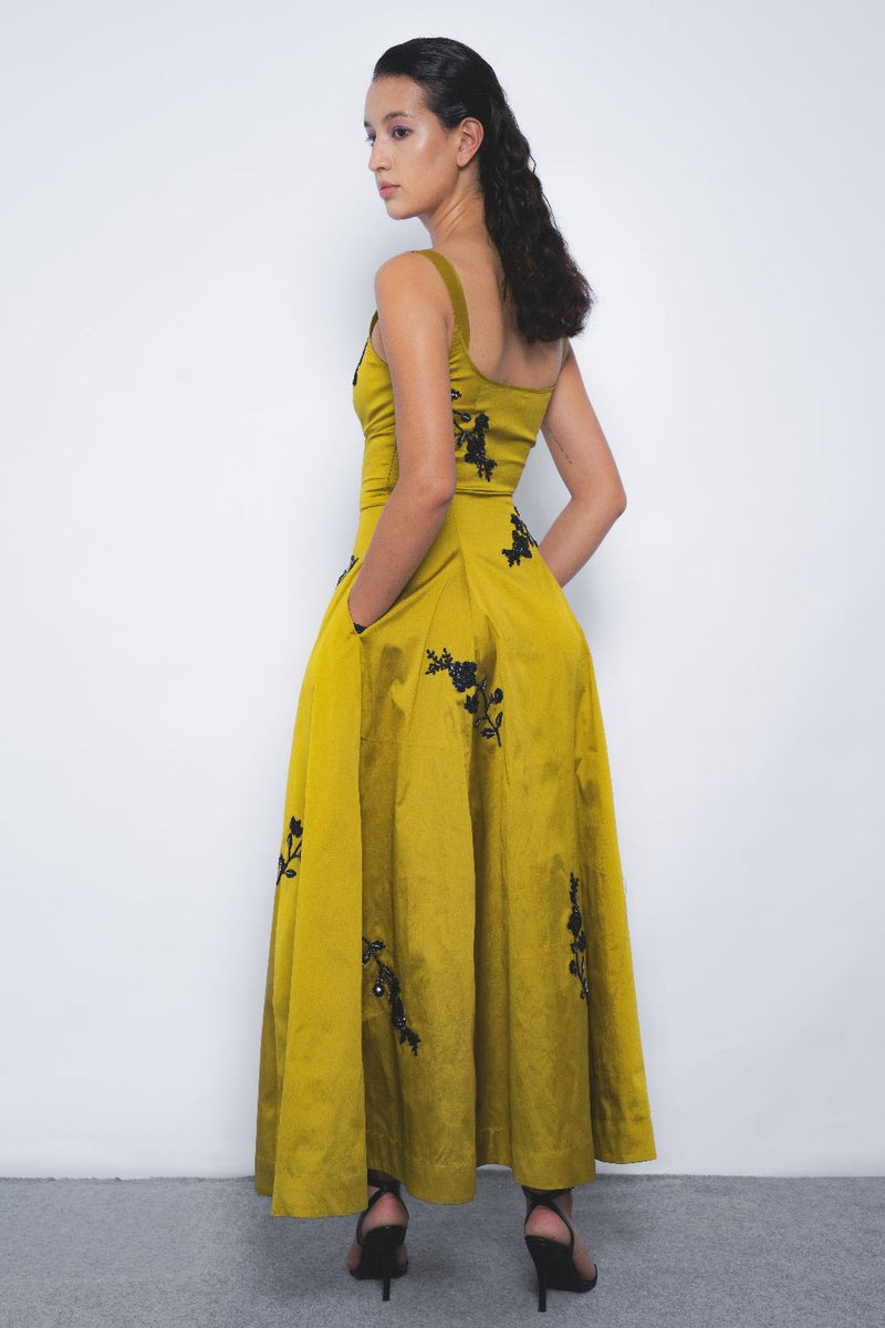 Kaika Embroidered Strap Dress - Mustard and Black mul by Leh Studios in multi color for women Worldwide