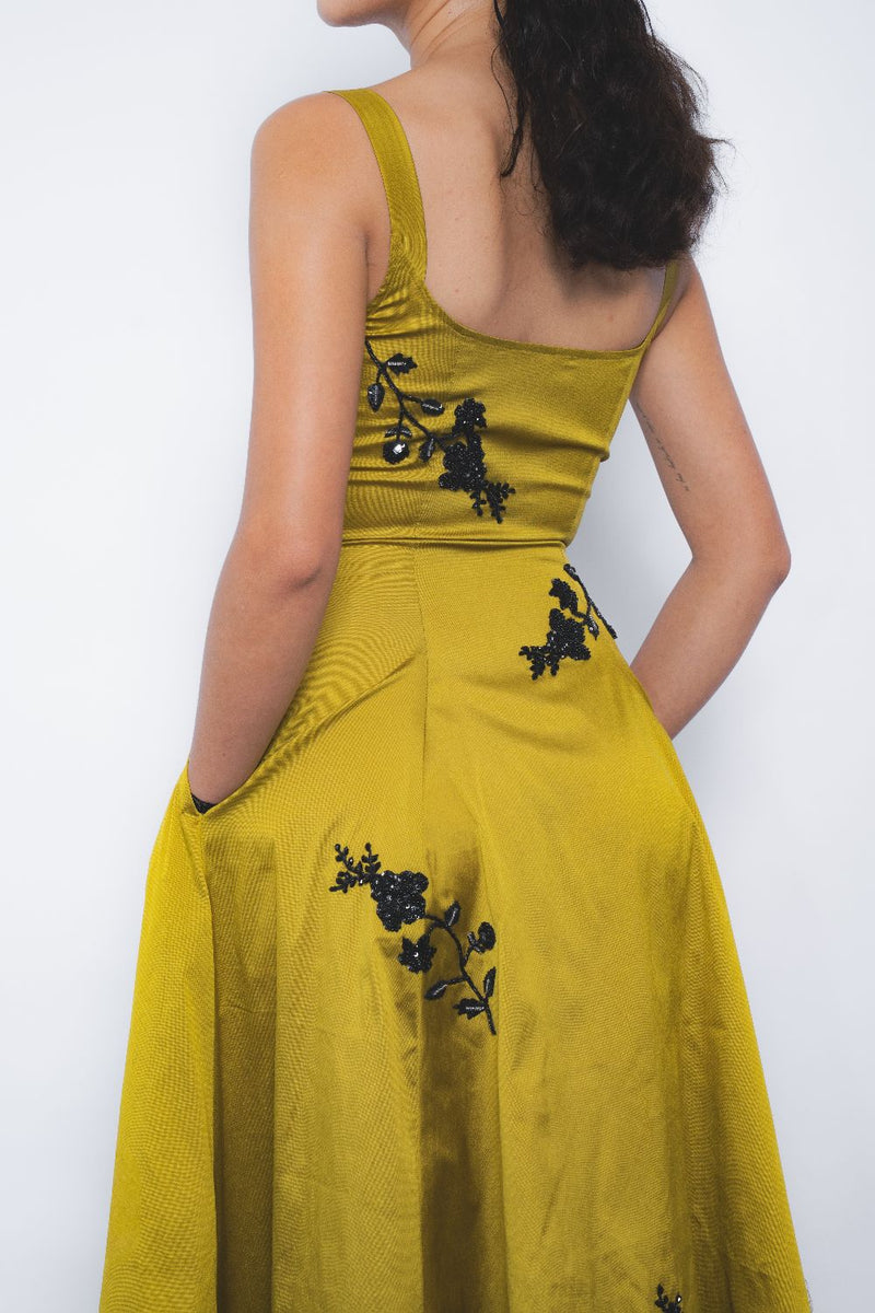 Kaika Embroidered Strap Dress - Mustard and Black mul by Leh Studios in multi color for women Worldwide