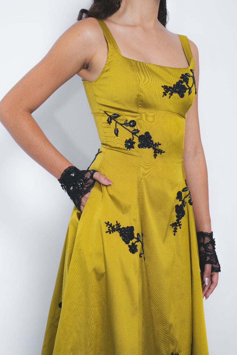 Kaika Embroidered Strap Dress - Mustard and Black mul by Leh Studios in multi color for women Worldwide