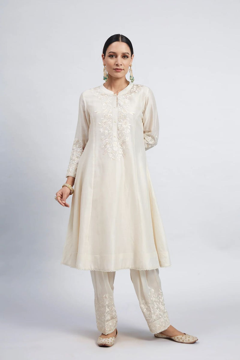 Kaina A-line short kurta with salwar and dupatta-Daisy Ivory silk by SHEETAL BATRA in ivory color for women Worldwide