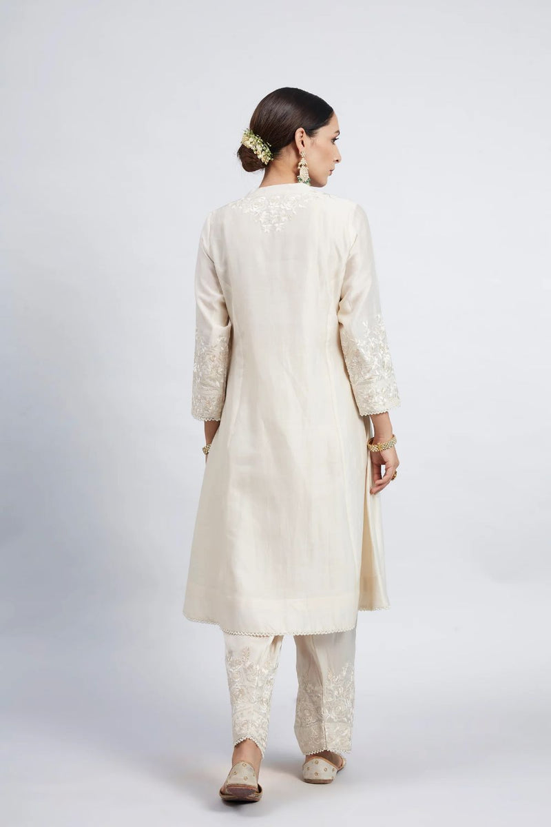 Kaina A-line short kurta with salwar and dupatta-Daisy Ivory silk by SHEETAL BATRA in ivory color for women Worldwide