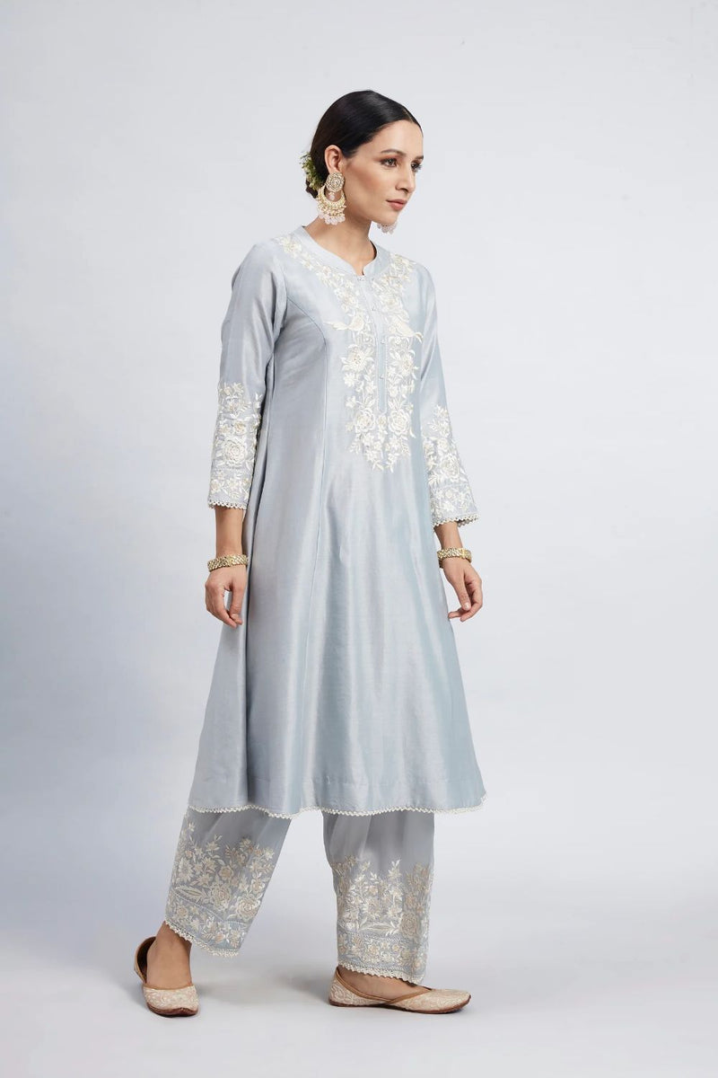 Kaina A-line short kurta with salwar and dupatta-Soft Blue silk by SHEETAL BATRA in blue color for women Worldwide