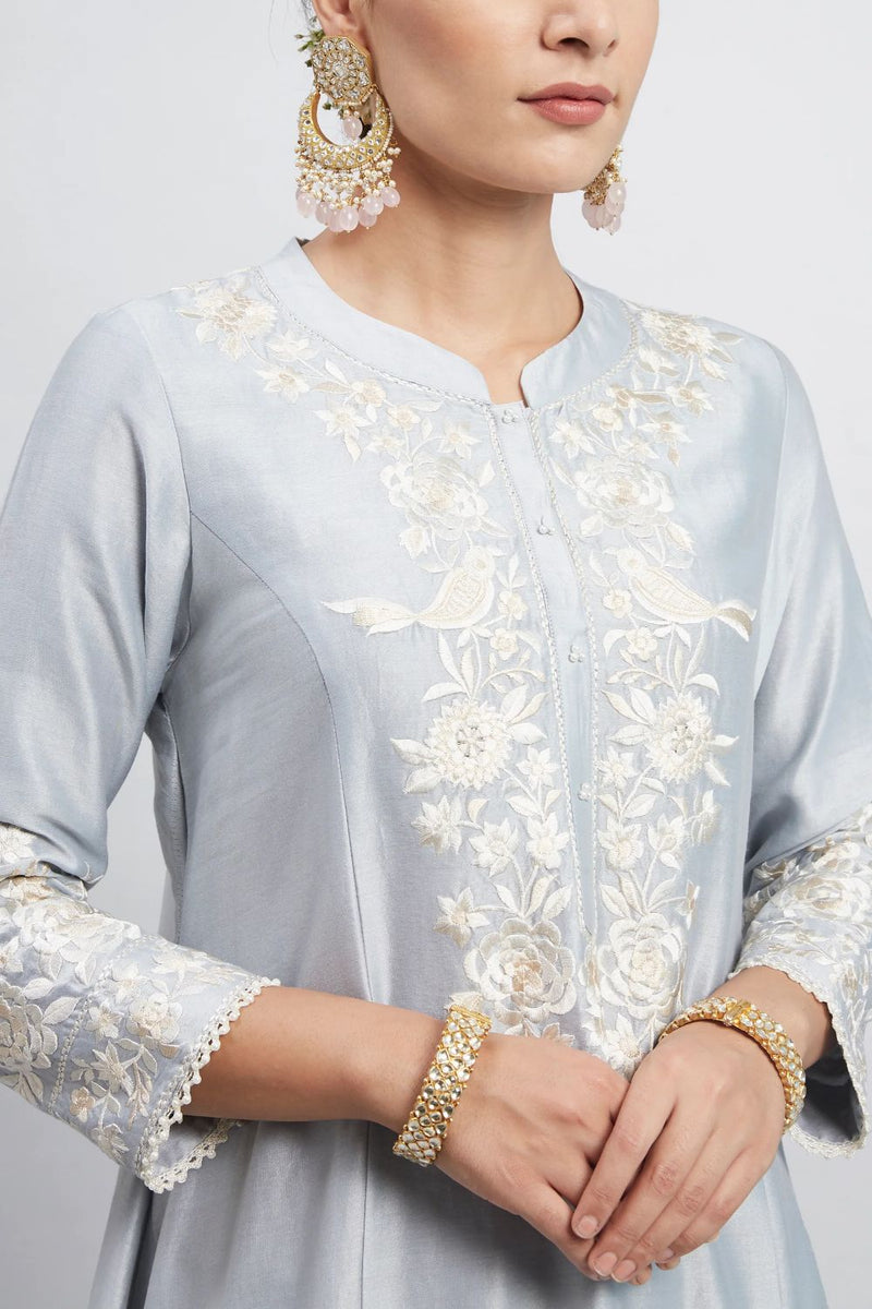 Kaina A-line short kurta with salwar and dupatta-Soft Blue silk by SHEETAL BATRA in blue color for women Worldwide