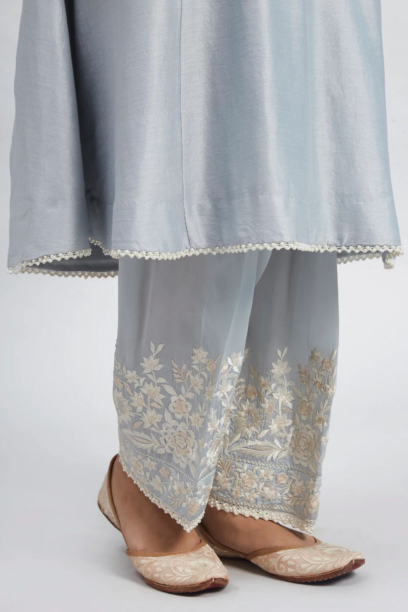 Kaina A-line short kurta with salwar and dupatta-Soft Blue silk by SHEETAL BATRA in blue color for women Worldwide