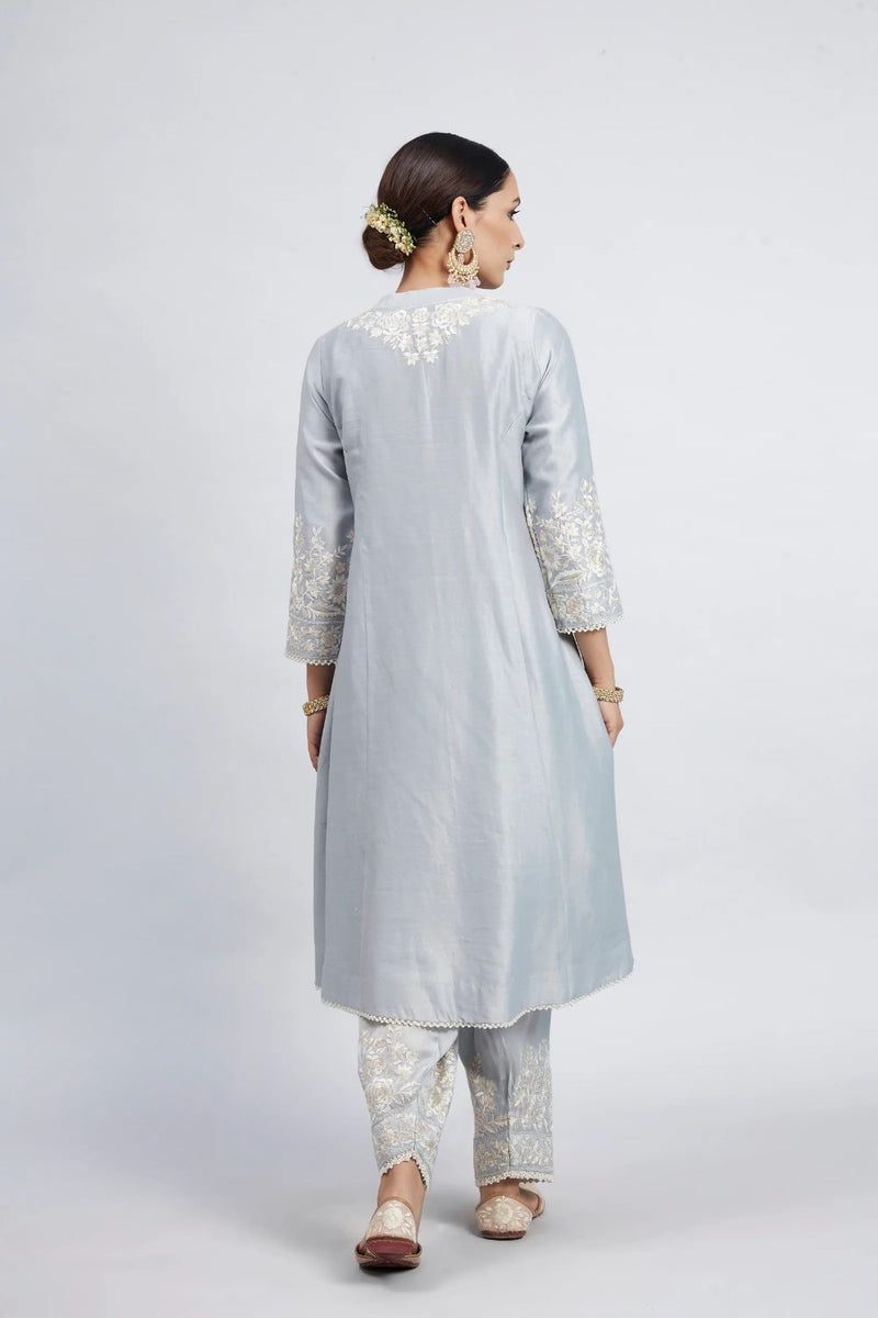 Kaina A-line short kurta with salwar and dupatta-Soft Blue silk by SHEETAL BATRA in blue color for women Worldwide