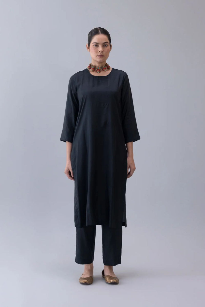 Kalchakra Kurta-Black silk by Shades of India in black color for women Worldwide
