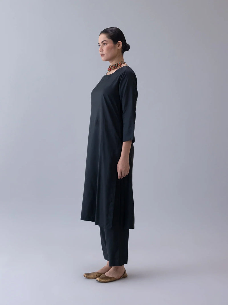 Kalchakra Kurta-Black silk by Shades of India in black color for women Worldwide