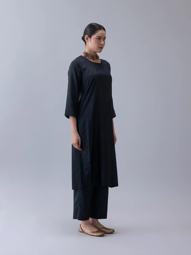 Kalchakra Kurta-Black silk by Shades of India in black color for women Worldwide