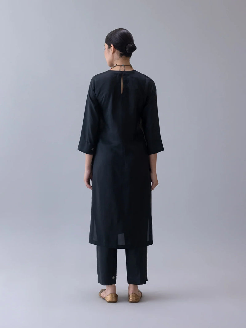 Kalchakra Kurta-Black silk by Shades of India in black color for women Worldwide