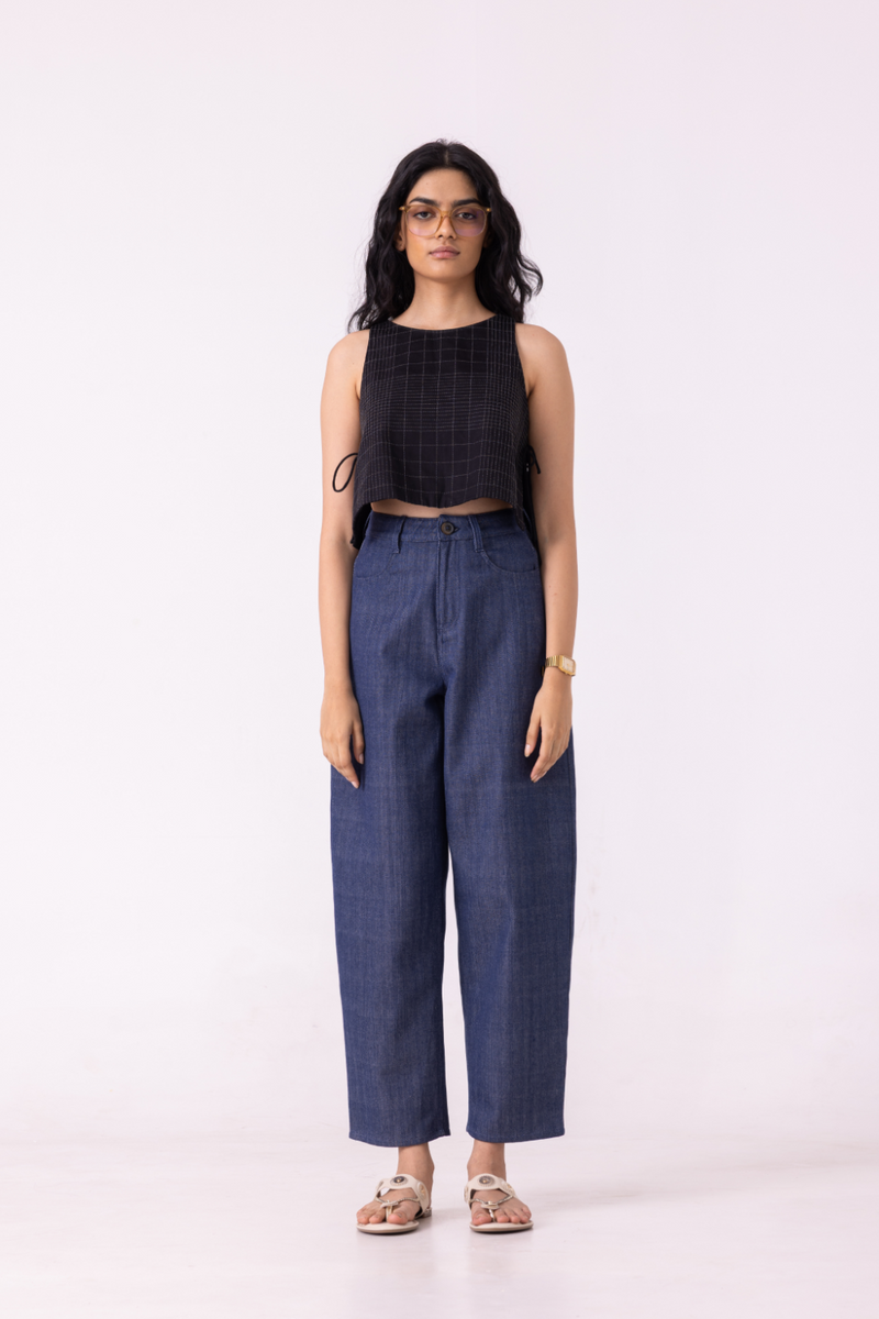 Katniss Blue Handwoven Denim Barrel Pants cotton by The Summer House for women Worldwide