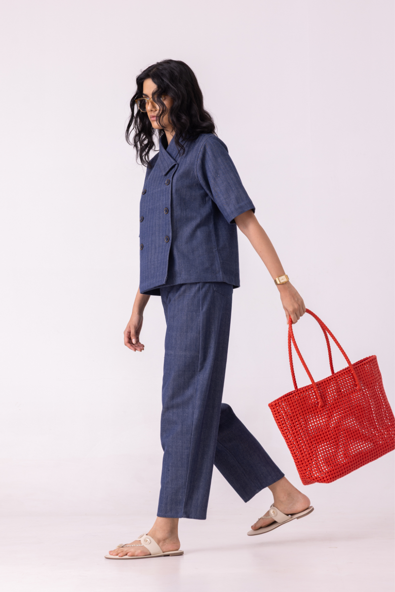 Katniss Blue Handwoven Denim Barrel Pants cotton by The Summer House for women Worldwide