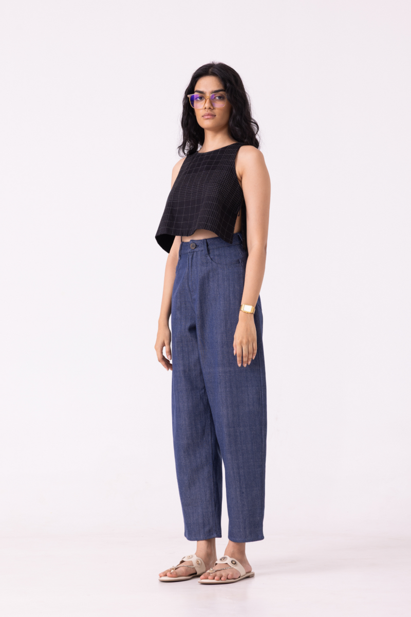 Katniss Blue Handwoven Denim Barrel Pants cotton by The Summer House for women Worldwide
