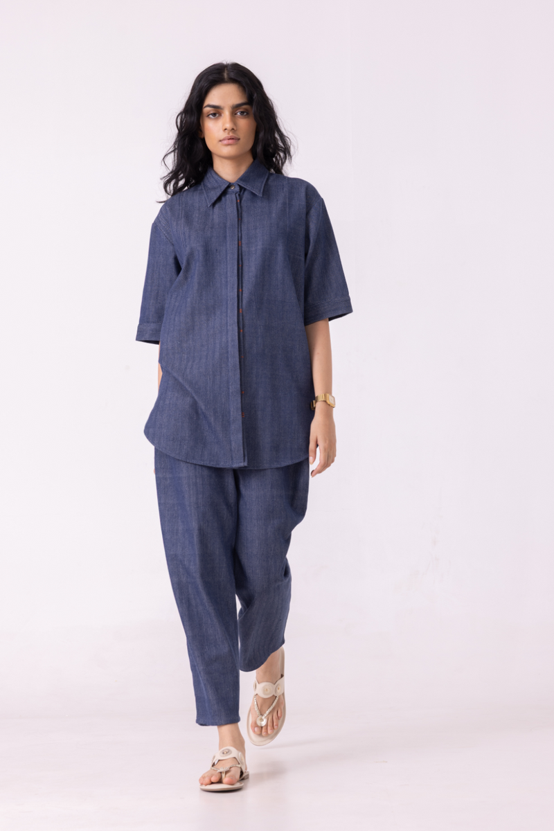 Katniss Blue Handwoven Denim Barrel Pants cotton by The Summer House for women Worldwide