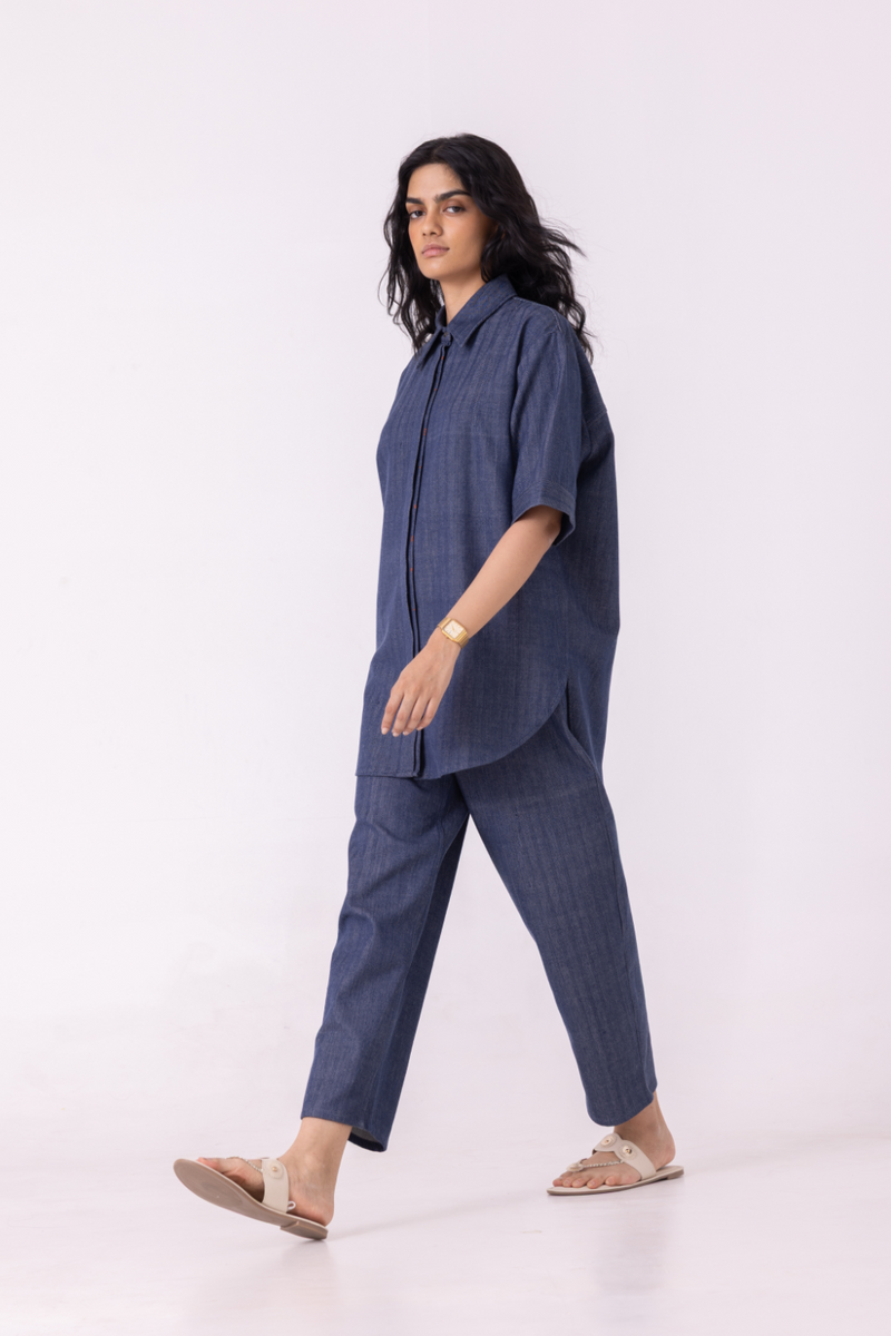 Katniss Blue Handwoven Denim Barrel Pants cotton by The Summer House for women Worldwide