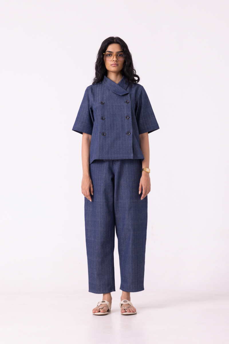Katniss Blue Handwoven Denim Barrel Pants cotton by The Summer House for women Worldwide