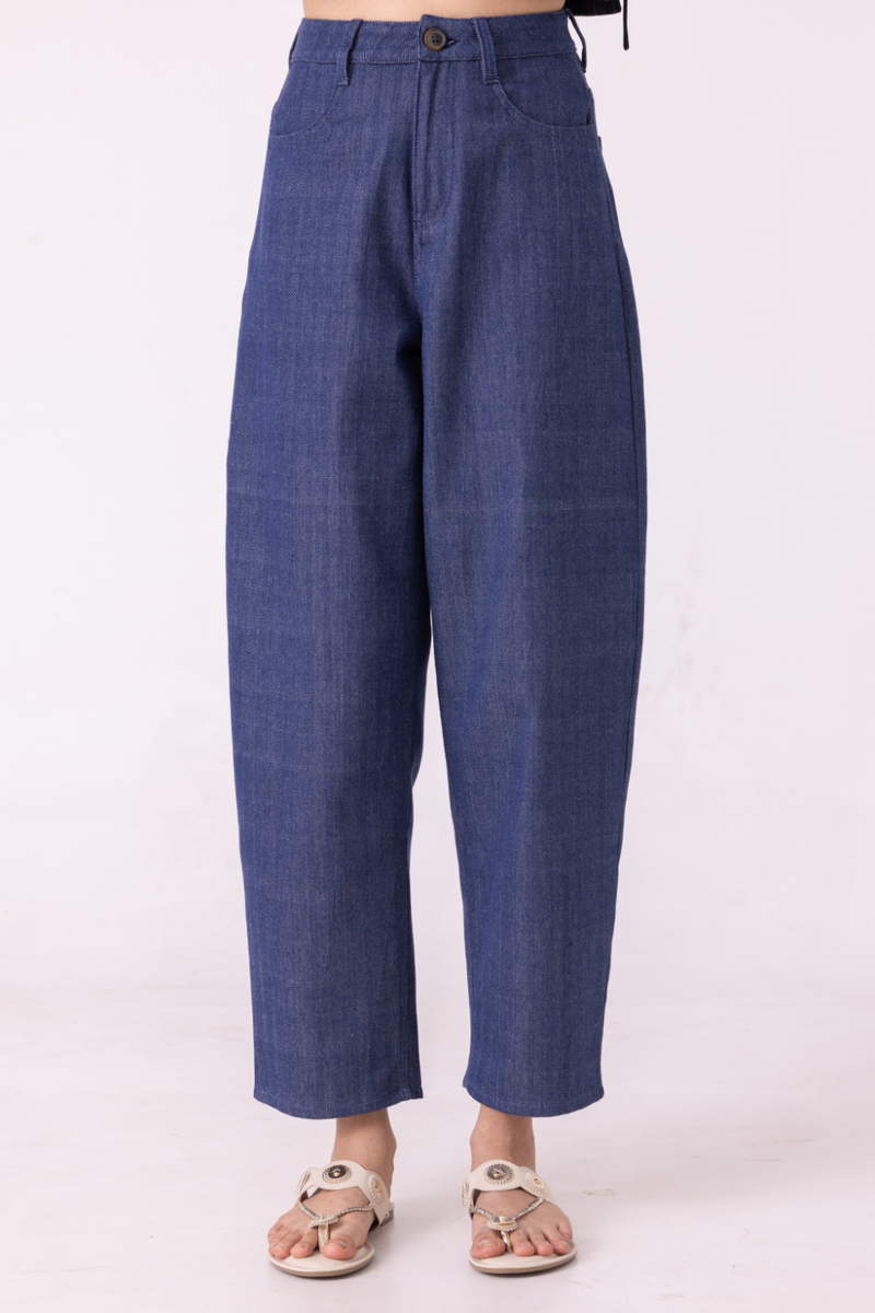 Katniss Blue Handwoven Denim Barrel Pants cotton by The Summer House for women Worldwide