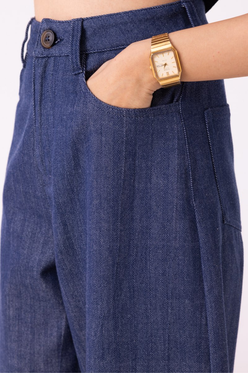 Katniss Blue Handwoven Denim Barrel Pants cotton by The Summer House for women Worldwide