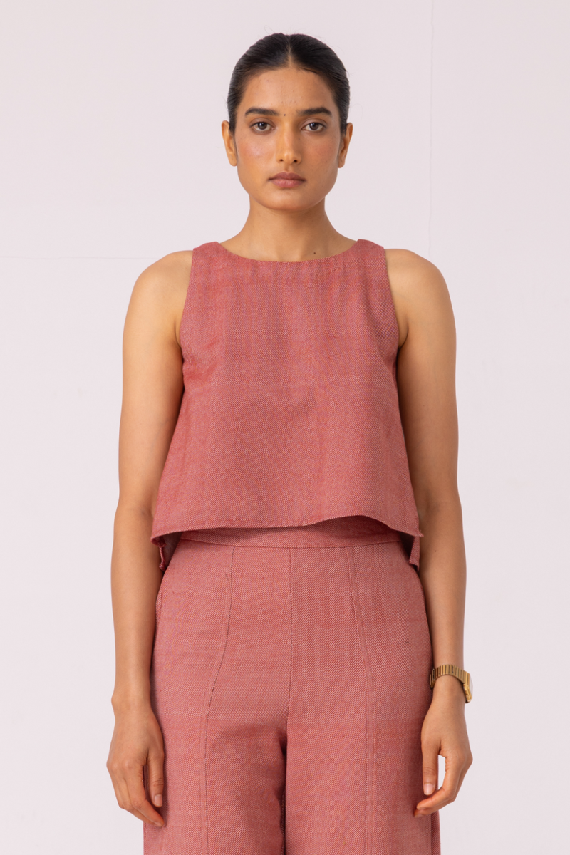 Kifli Red Handwoven Denim Top cotton by The Summer House in red color for women Worldwide
