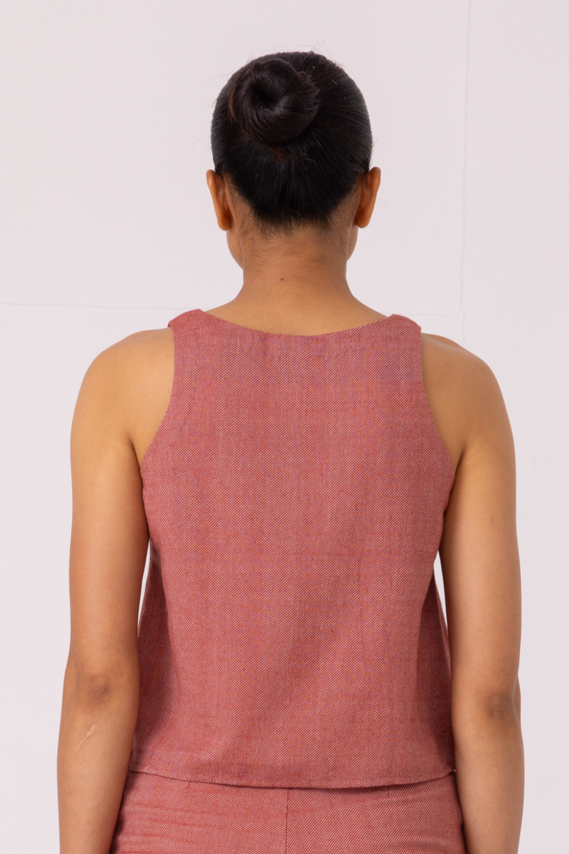 Kifli Red Handwoven Denim Top cotton by The Summer House in red color for women Worldwide