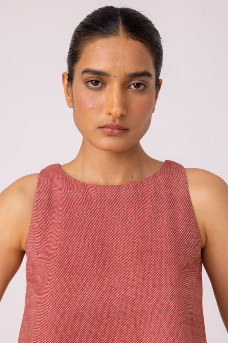 Kifli Red Handwoven Denim Top cotton by The Summer House in red color for women Worldwide
