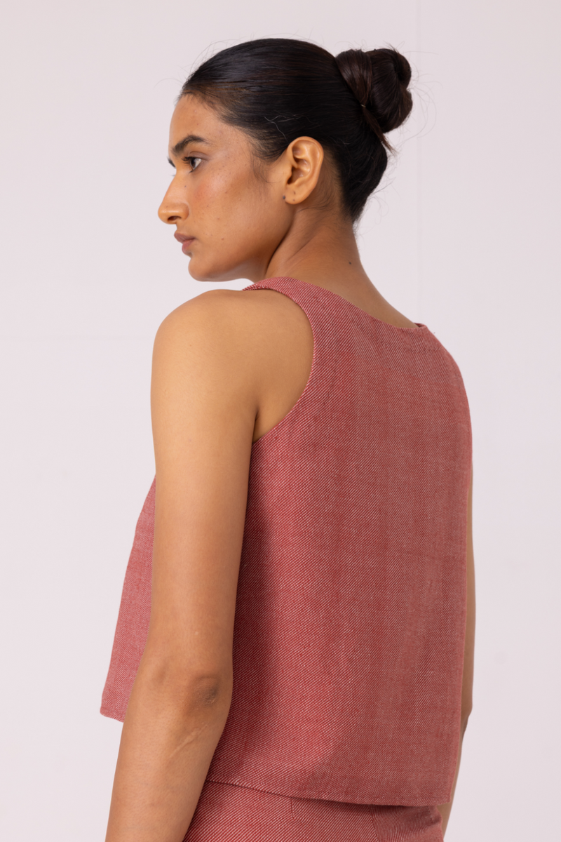 Kifli Red Handwoven Denim Top cotton by The Summer House in red color for women Worldwide