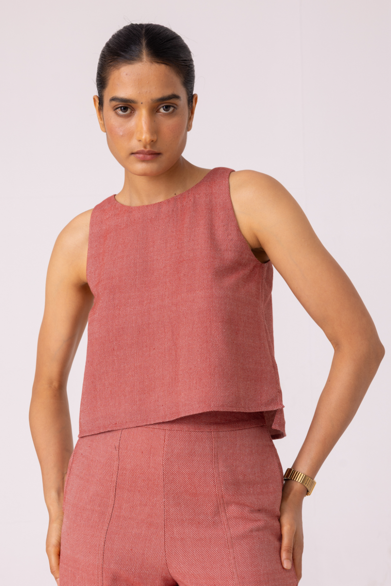 Kifli Red Handwoven Denim Top cotton by The Summer House in red color for women Worldwide