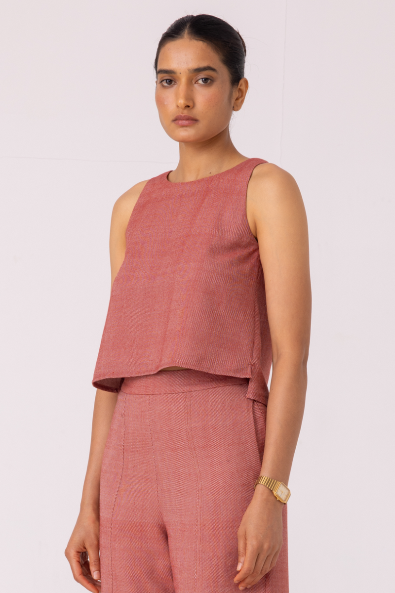Kifli Red Handwoven Denim Top cotton by The Summer House in red color for women Worldwide